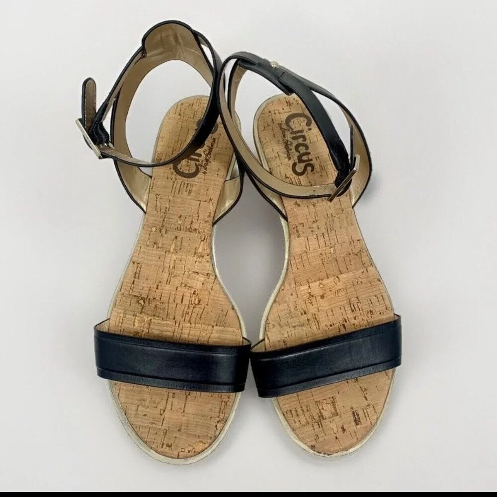 Circus by Sam Edelman Tate Black Ankle Strap Gold Block Heel Sandals 10.5WW